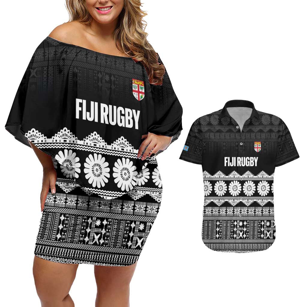 Fiji Tapa Rugby Custom Couples Matching Off Shoulder Short Dress and Hawaiian Shirt Go Fijiana - Polynesian Pride