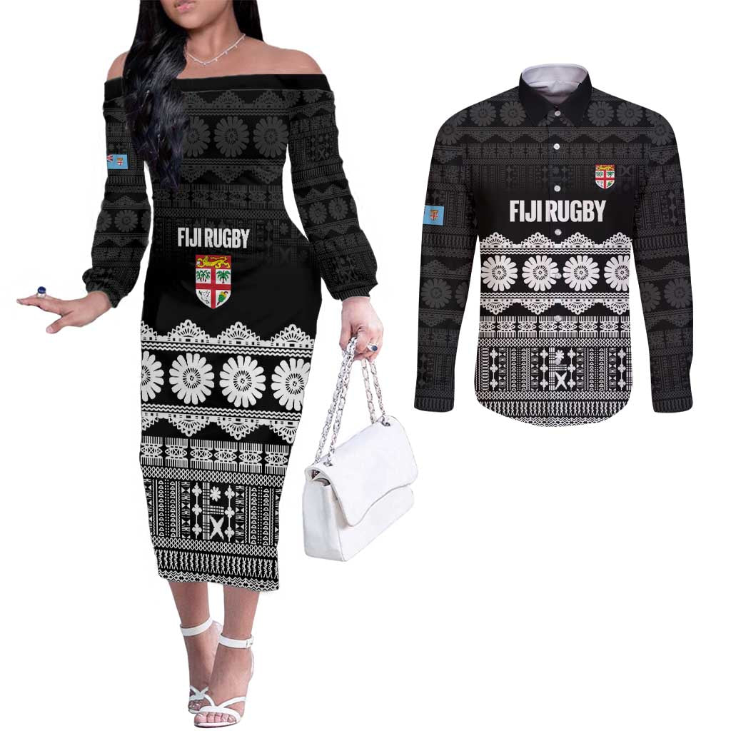 Fiji Tapa Rugby Custom Couples Matching Off The Shoulder Long Sleeve Dress and Long Sleeve Button Shirt Go Fijiana - Polynesian Pride