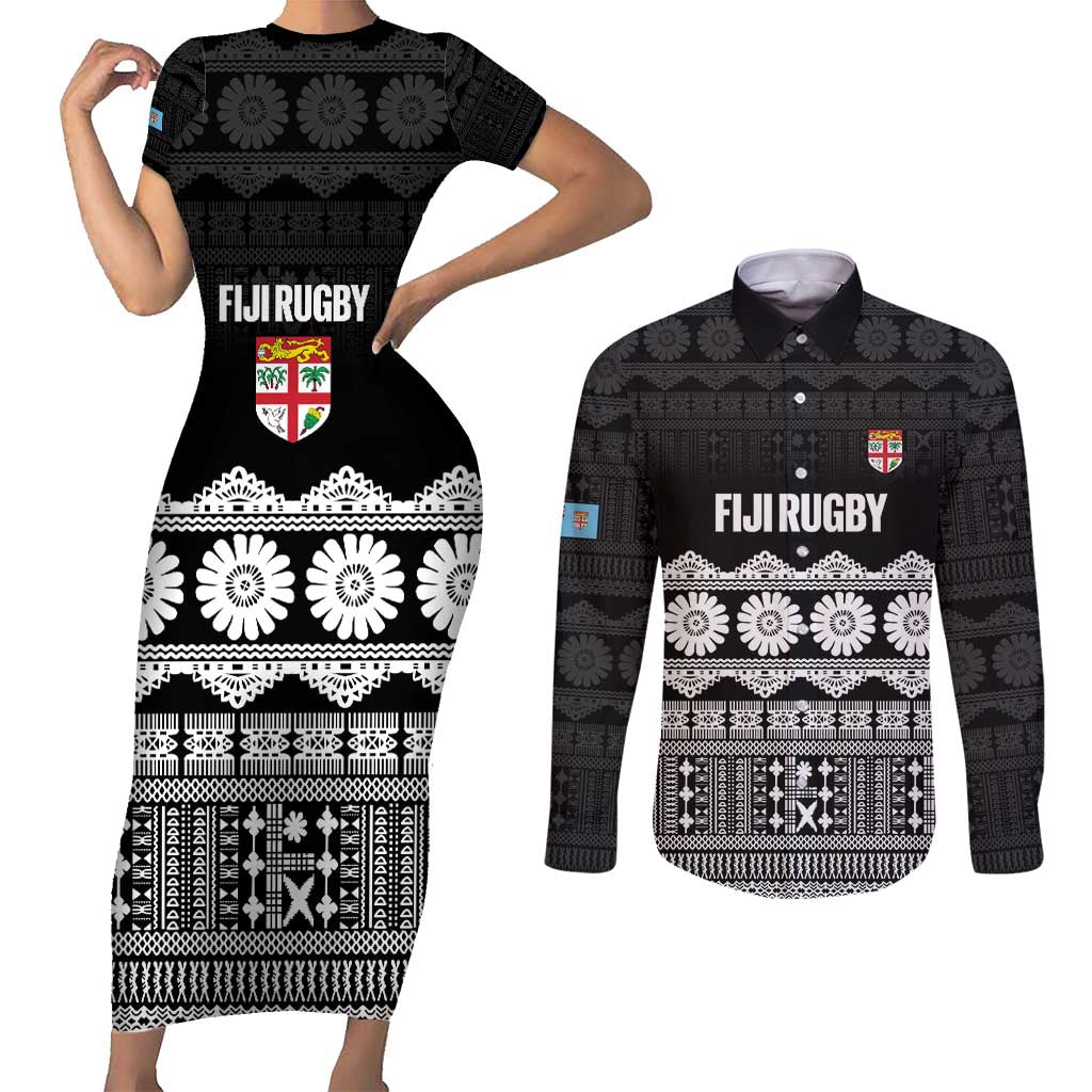 Fiji Tapa Rugby Custom Couples Matching Short Sleeve Bodycon Dress and Long Sleeve Button Shirt Go Fijiana - Polynesian Pride