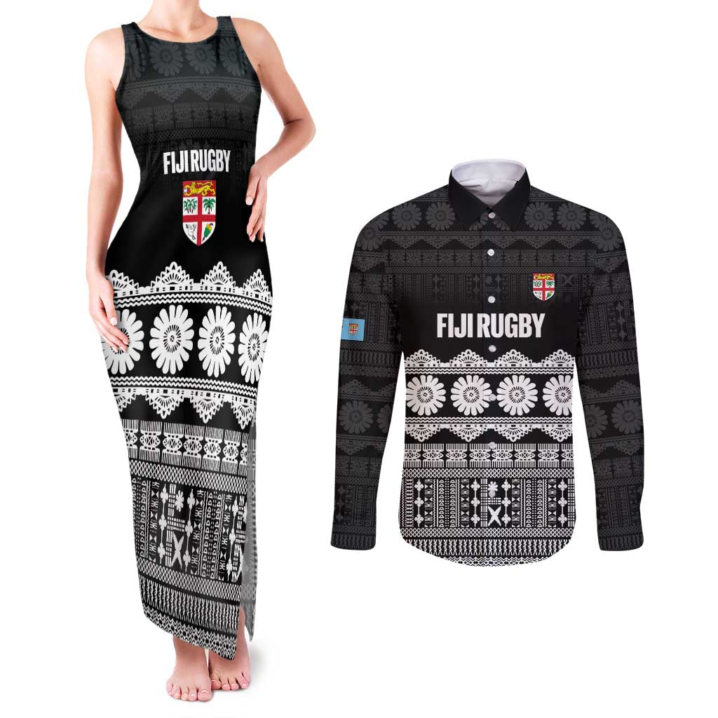 Fiji Tapa Rugby Custom Couples Matching Tank Maxi Dress and Long Sleeve Button Shirt Go Fijiana - Polynesian Pride