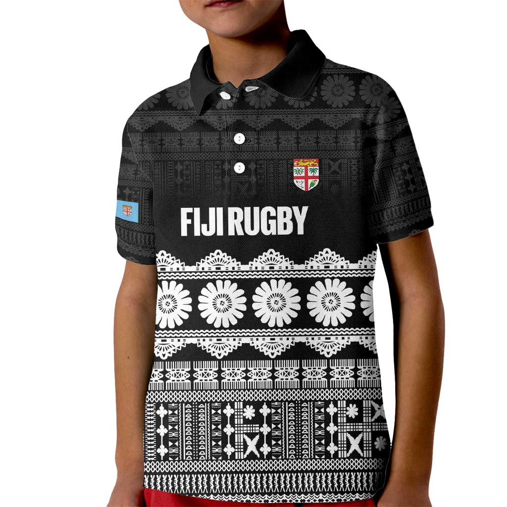 Fiji Tapa Rugby Custom Kid Polo Shirt Go Fijiana LT14 Kid Black - Polynesian Pride