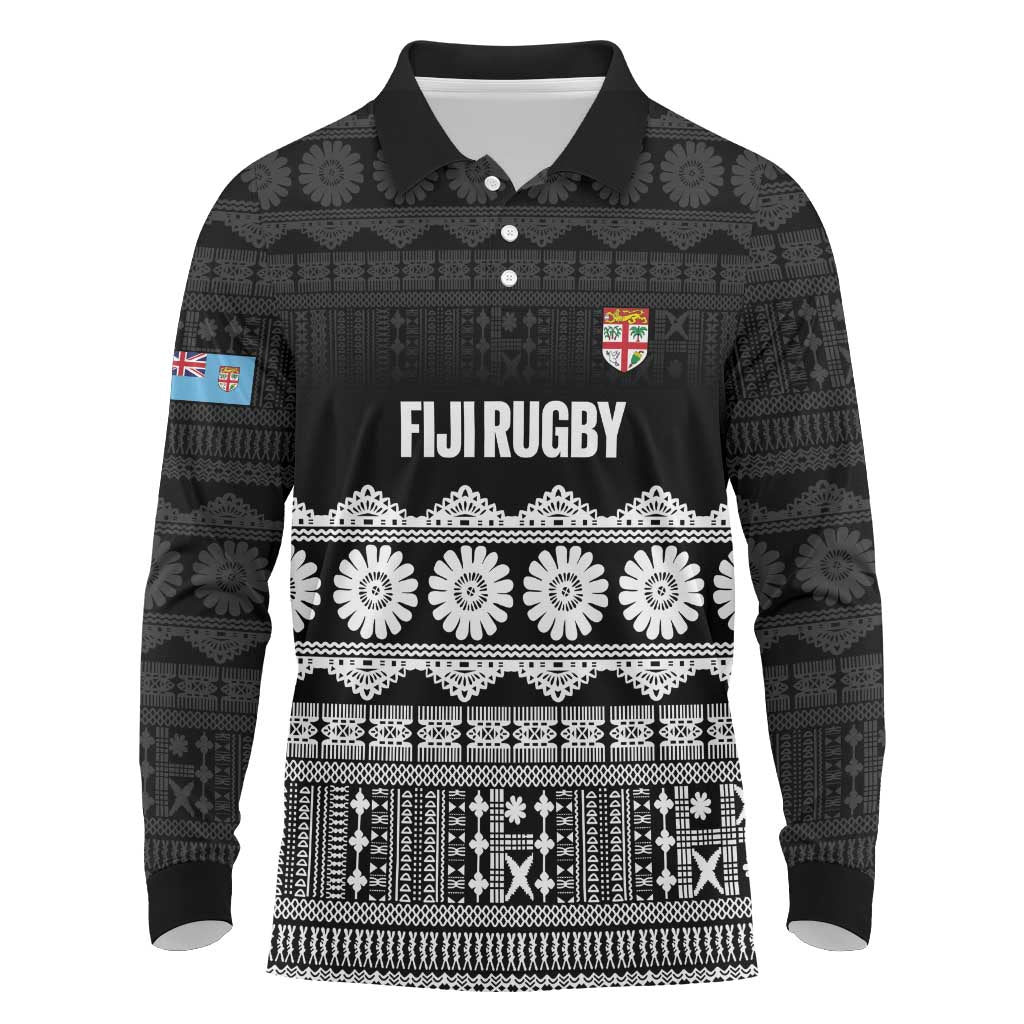 Fiji Tapa Rugby Custom Long Sleeve Polo Shirt Go Fijiana LT14 Black - Polynesian Pride