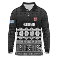 Fiji Tapa Rugby Custom Long Sleeve Polo Shirt Go Fijiana LT14 Black - Polynesian Pride