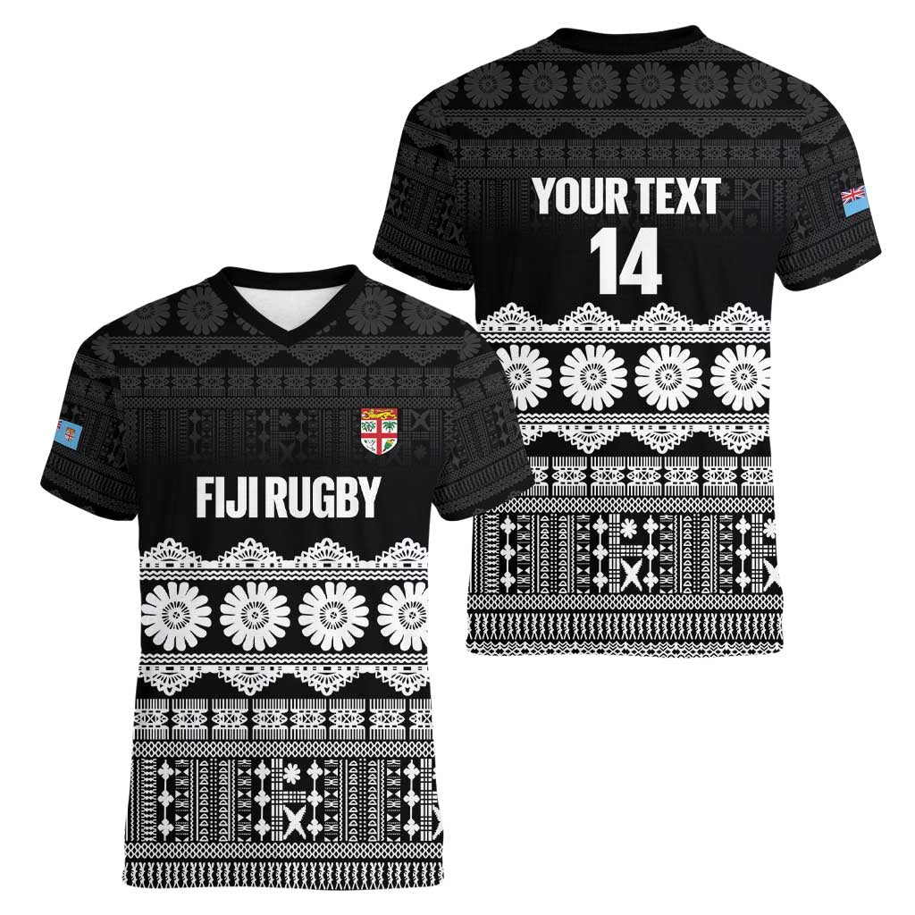 Fiji Tapa Rugby Custom Women V-Neck T-Shirt Go Fijiana - Polynesian Pride