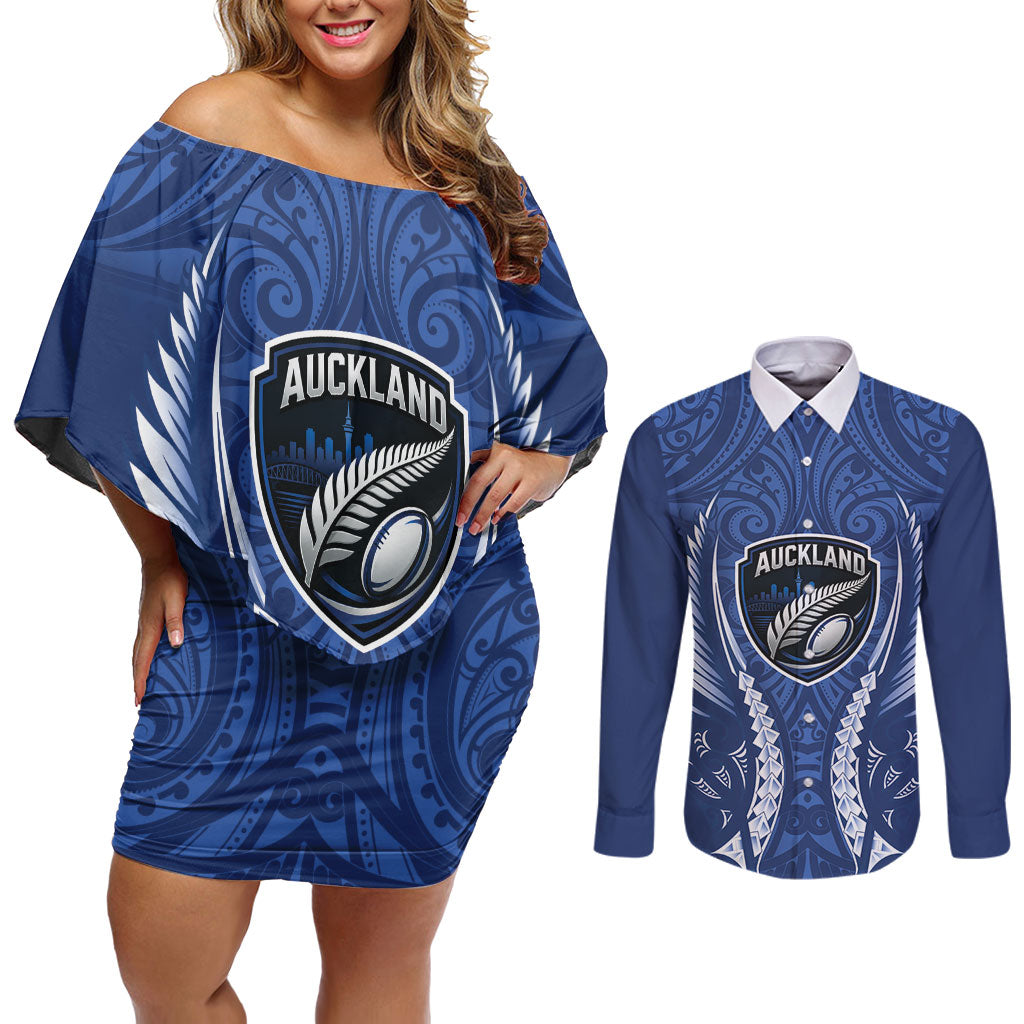 Auckland 2026 Rugby Custom Couples Matching Off Shoulder Short Dress and Long Sleeve Button Shirt NZ Maori Silver Fern LT14 Blue - Polynesian Pride