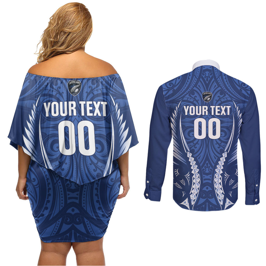 Auckland 2026 Rugby Custom Couples Matching Off Shoulder Short Dress and Long Sleeve Button Shirt NZ Maori Silver Fern