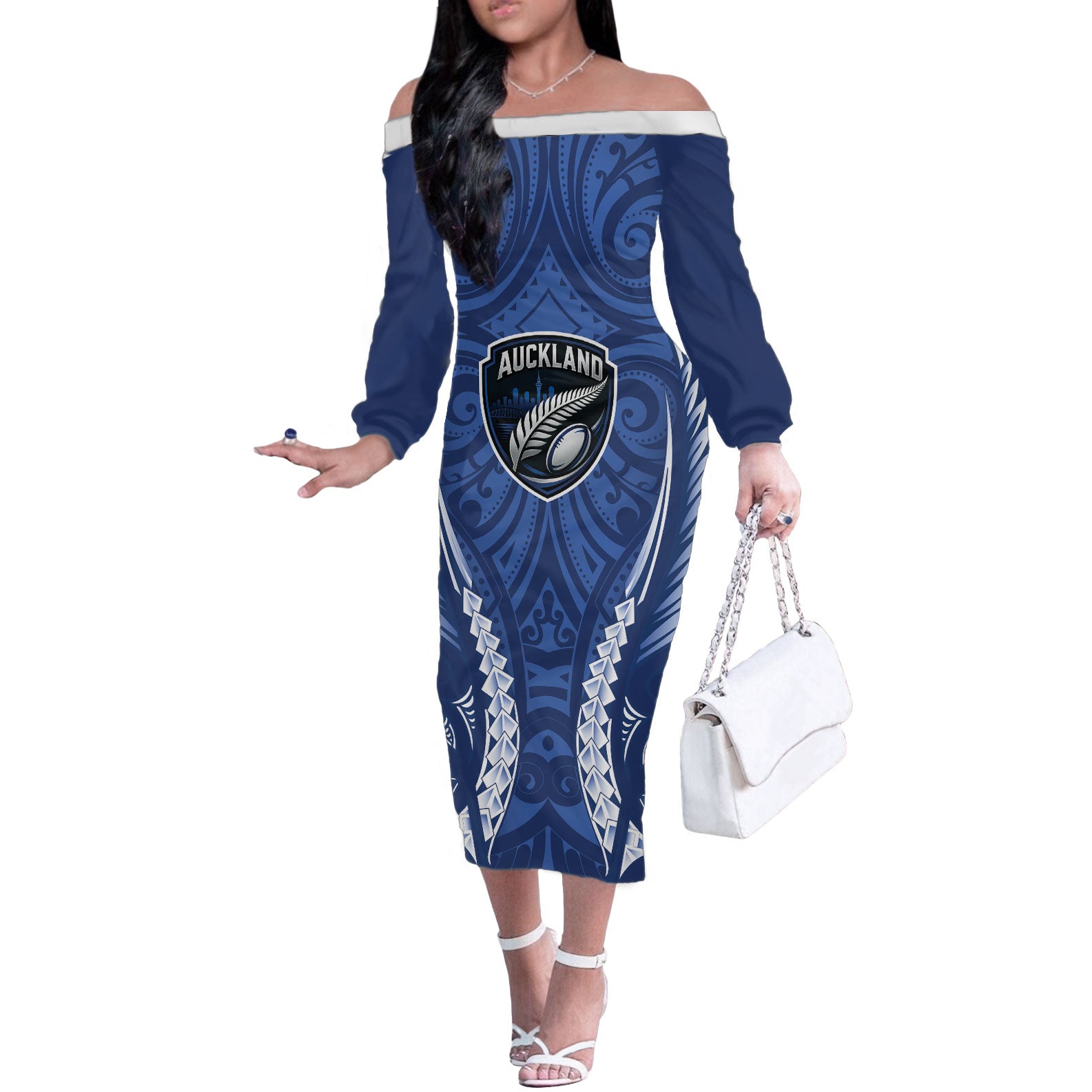 Auckland 2026 Rugby Custom Off The Shoulder Long Sleeve Dress NZ Maori Silver Fern LT14 Women Blue - Polynesian Pride