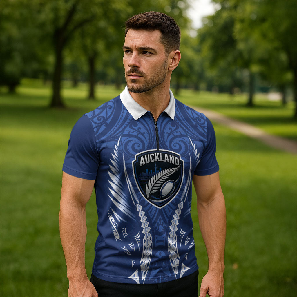 Auckland 2026 Rugby Custom Zipper Polo Shirt NZ Maori Silver Fern