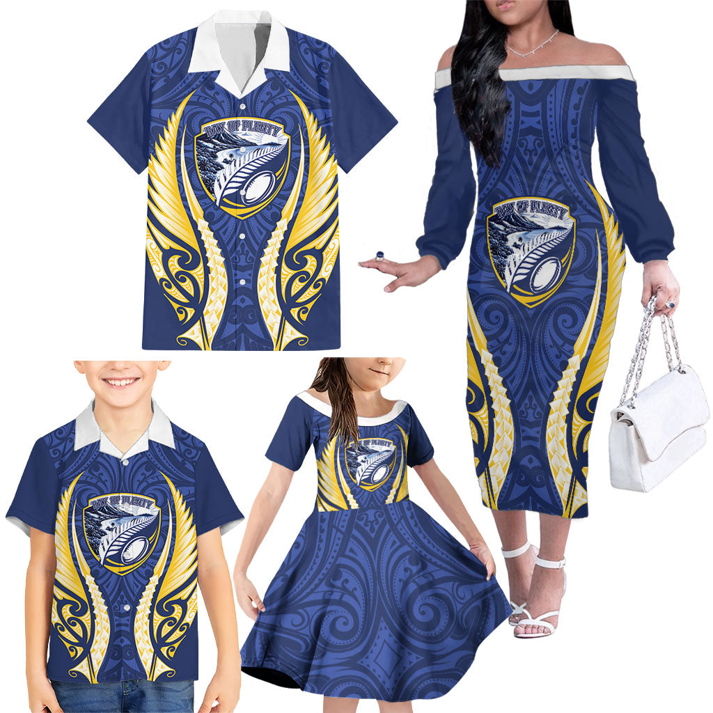 Bay of Plenty 2026 Rugby Custom Family Matching Off The Shoulder Long Sleeve Dress and Hawaiian Shirt NZ Maori Silver Fern
