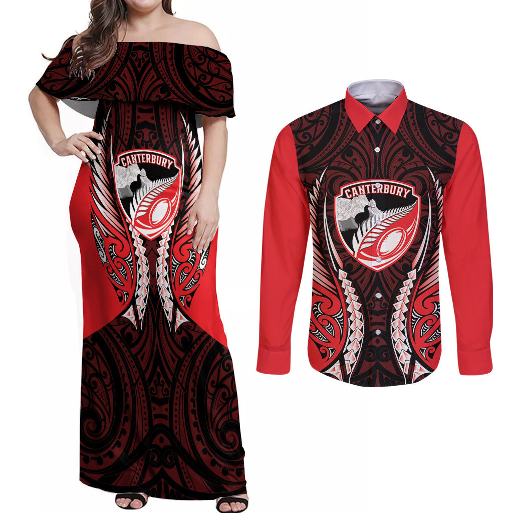 Canterbury 2026 Rugby Custom Couples Matching Off Shoulder Maxi Dress and Long Sleeve Button Shirt NZ Maori Silver Fern LT14 Red - Polynesian Pride