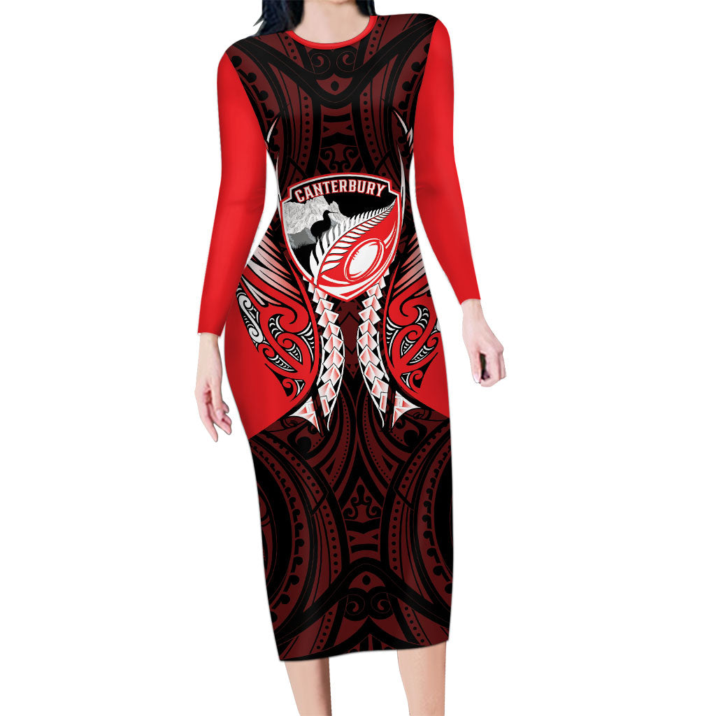 Canterbury 2026 Rugby Custom Long Sleeve Bodycon Dress NZ Maori Silver Fern LT14 Long Dress Red - Polynesian Pride