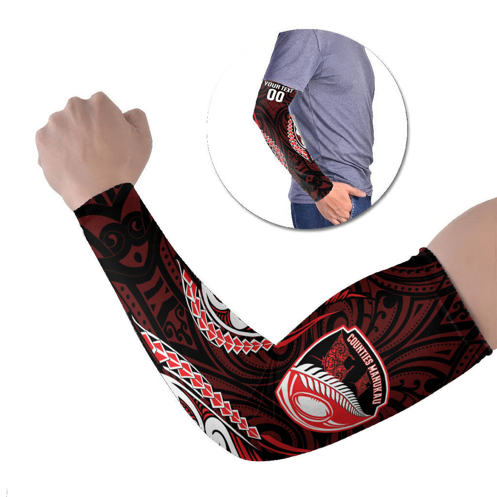 Counties Manukau 2026 Rugby Custom Arm Sleeves NZ Maori Silver Fern LT14 Set of 2 Red - Polynesian Pride