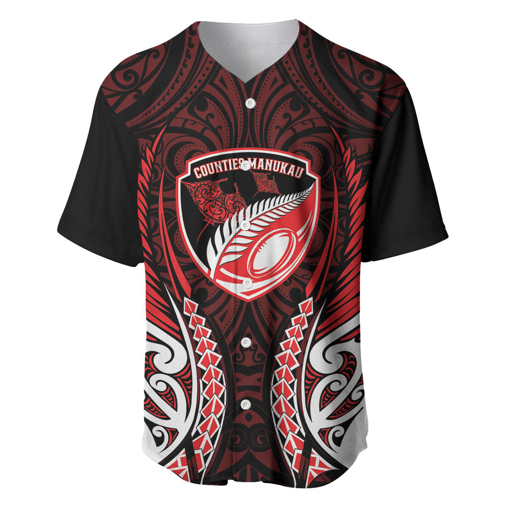 Counties Manukau 2026 Rugby Custom Baseball Jersey NZ Maori Silver Fern LT14 Red - Polynesian Pride