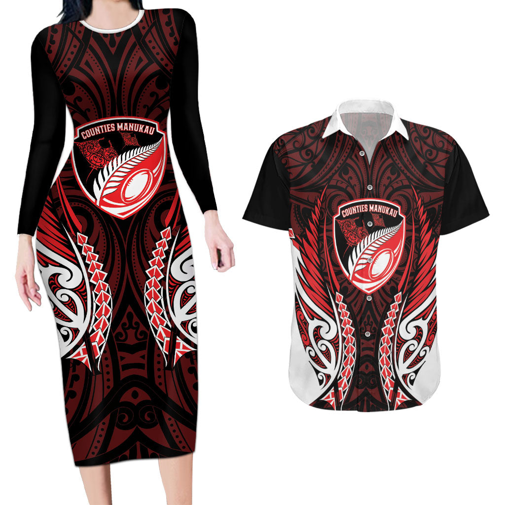 Counties Manukau 2026 Rugby Custom Couples Matching Long Sleeve Bodycon Dress and Hawaiian Shirt NZ Maori Silver Fern