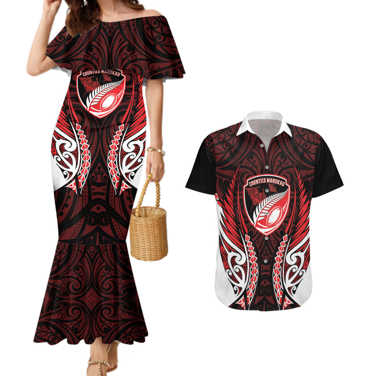 Counties Manukau 2026 Rugby Custom Couples Matching Mermaid Dress and Hawaiian Shirt NZ Maori Silver Fern