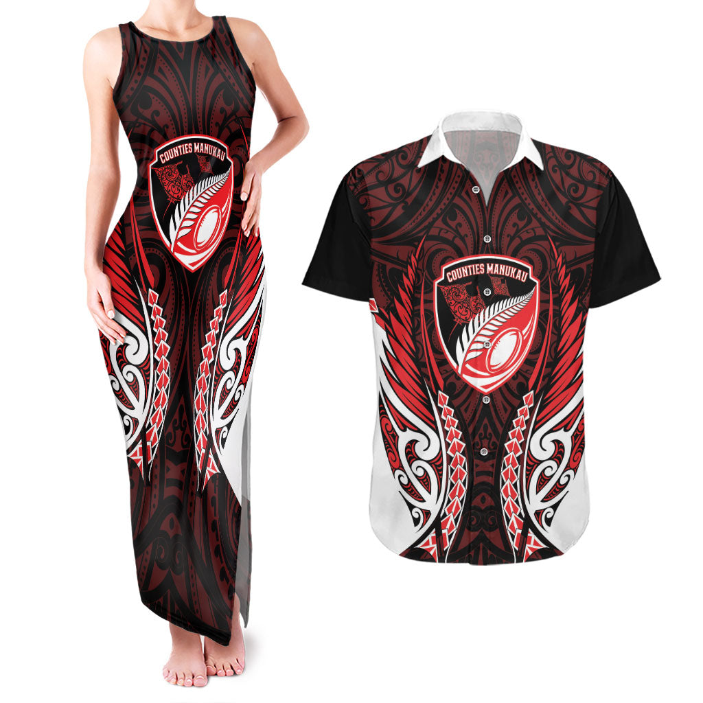 Counties Manukau 2026 Rugby Custom Couples Matching Tank Maxi Dress and Hawaiian Shirt NZ Maori Silver Fern LT14 Red - Polynesian Pride