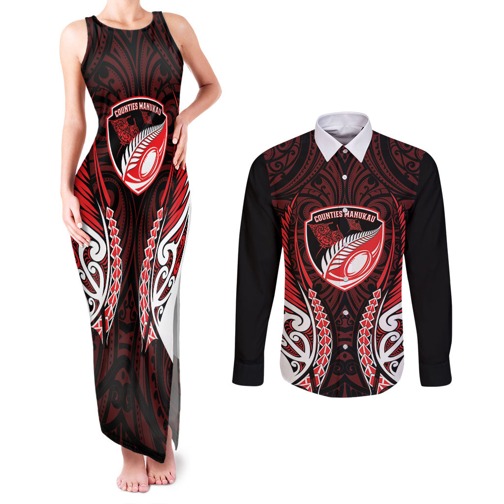 Counties Manukau 2026 Rugby Custom Couples Matching Tank Maxi Dress and Long Sleeve Button Shirt NZ Maori Silver Fern LT14 Red - Polynesian Pride
