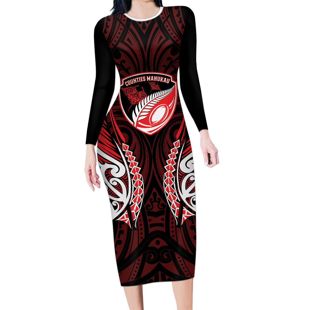 Counties Manukau 2026 Rugby Custom Long Sleeve Bodycon Dress NZ Maori Silver Fern LT14 Long Dress Red - Polynesian Pride