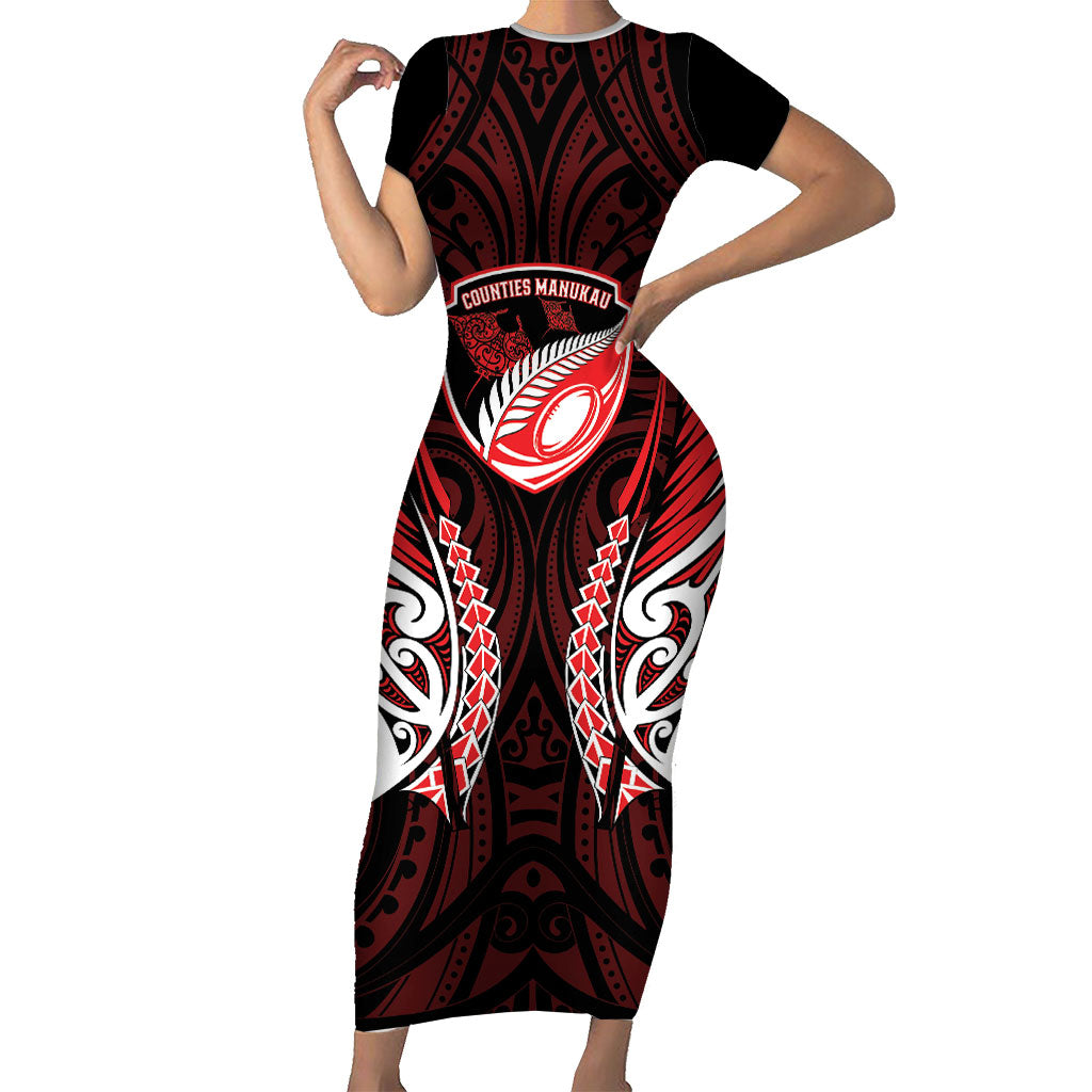 Counties Manukau 2026 Rugby Custom Short Sleeve Bodycon Dress NZ Maori Silver Fern