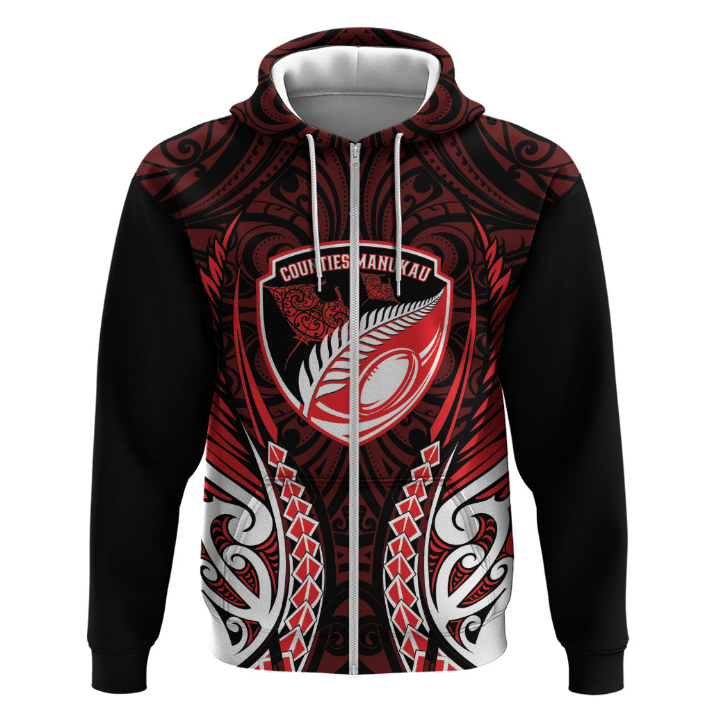Counties Manukau 2026 Rugby Custom Zip Hoodie NZ Maori Silver Fern LT14 Zip Hoodie Red - Polynesian Pride