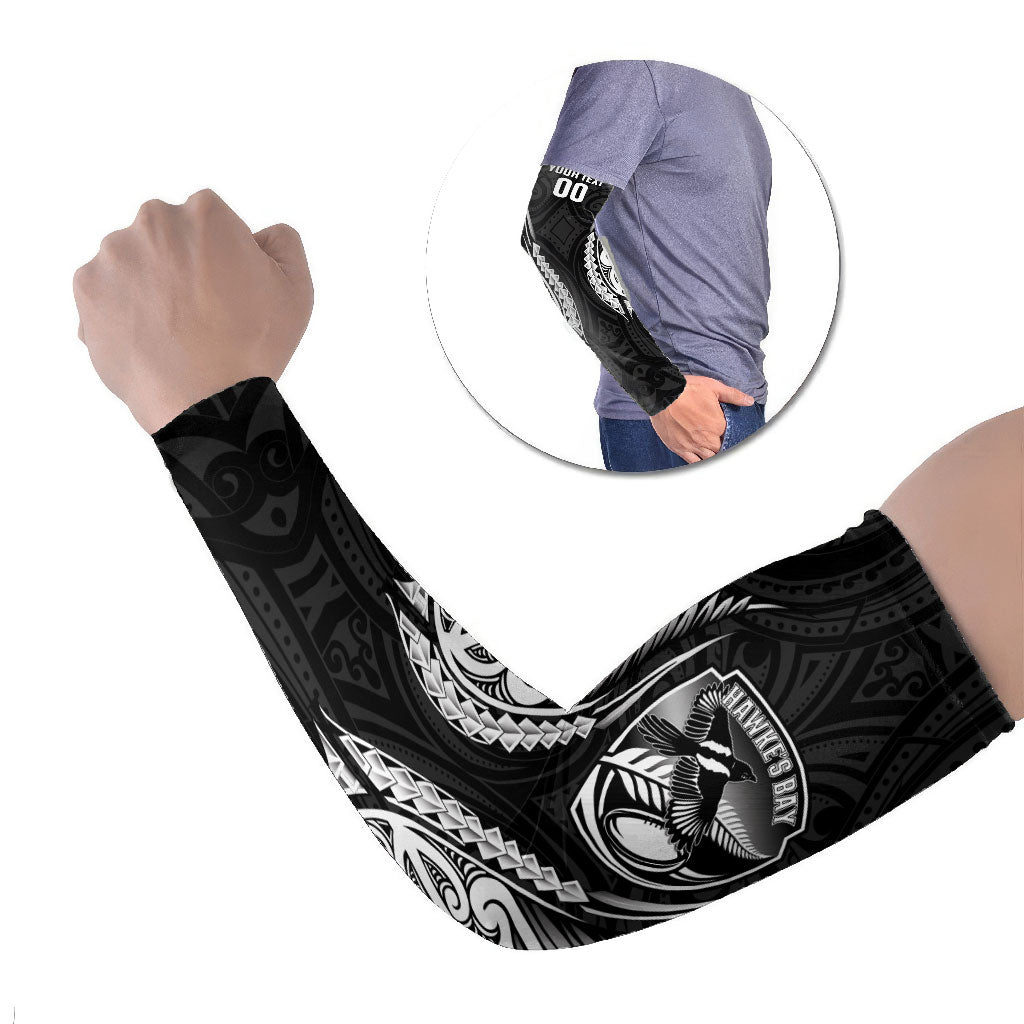 Hawke's Bay 2026 Rugby Custom Arm Sleeves NZ Maori Silver Fern LT14 Set of 2 Black - Polynesian Pride