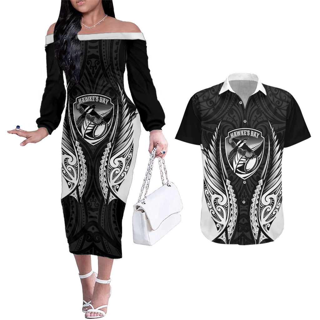 Hawke's Bay 2026 Rugby Custom Couples Matching Off The Shoulder Long Sleeve Dress and Hawaiian Shirt NZ Maori Silver Fern