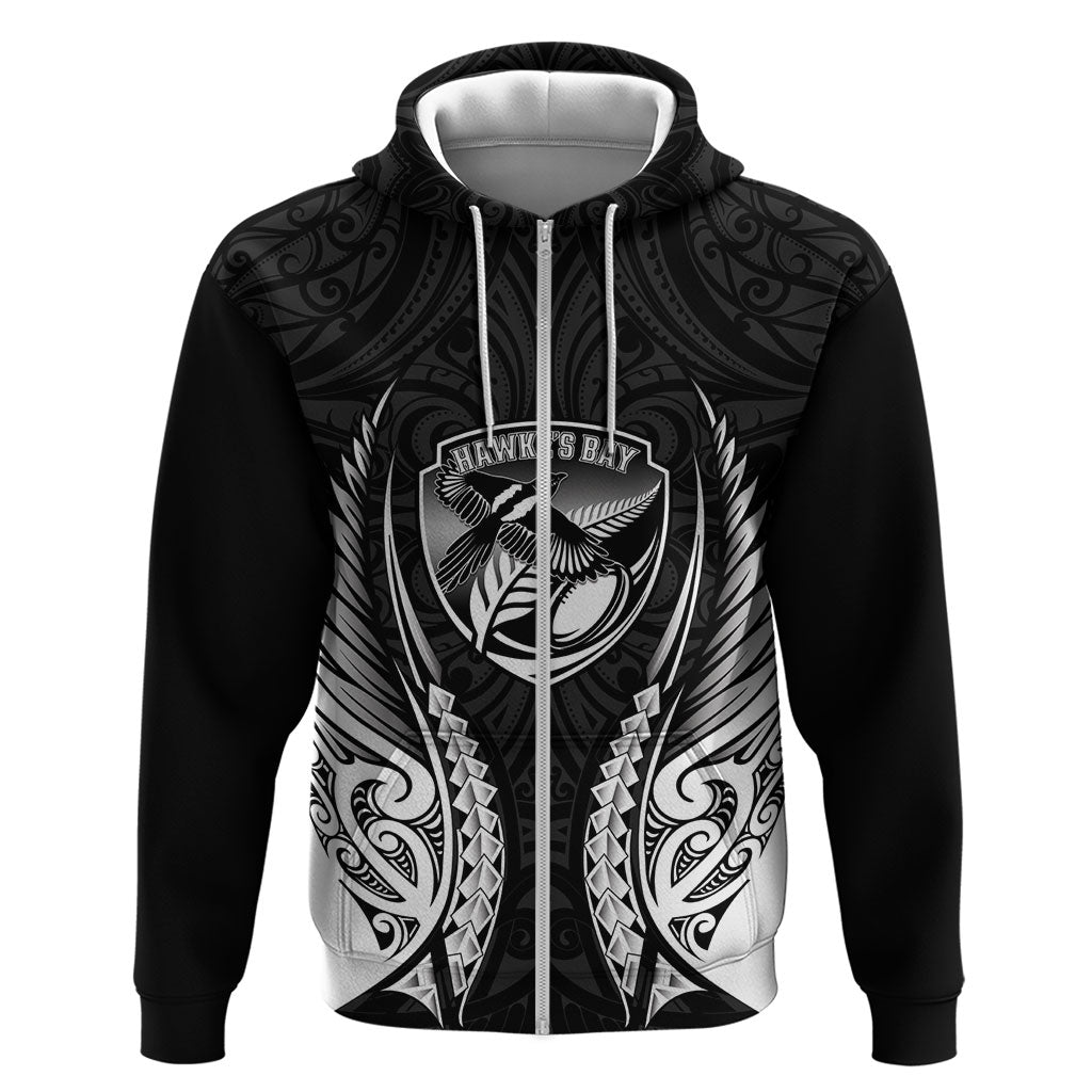 Hawke's Bay 2026 Rugby Custom Zip Hoodie NZ Maori Silver Fern LT14 Zip Hoodie Black - Polynesian Pride