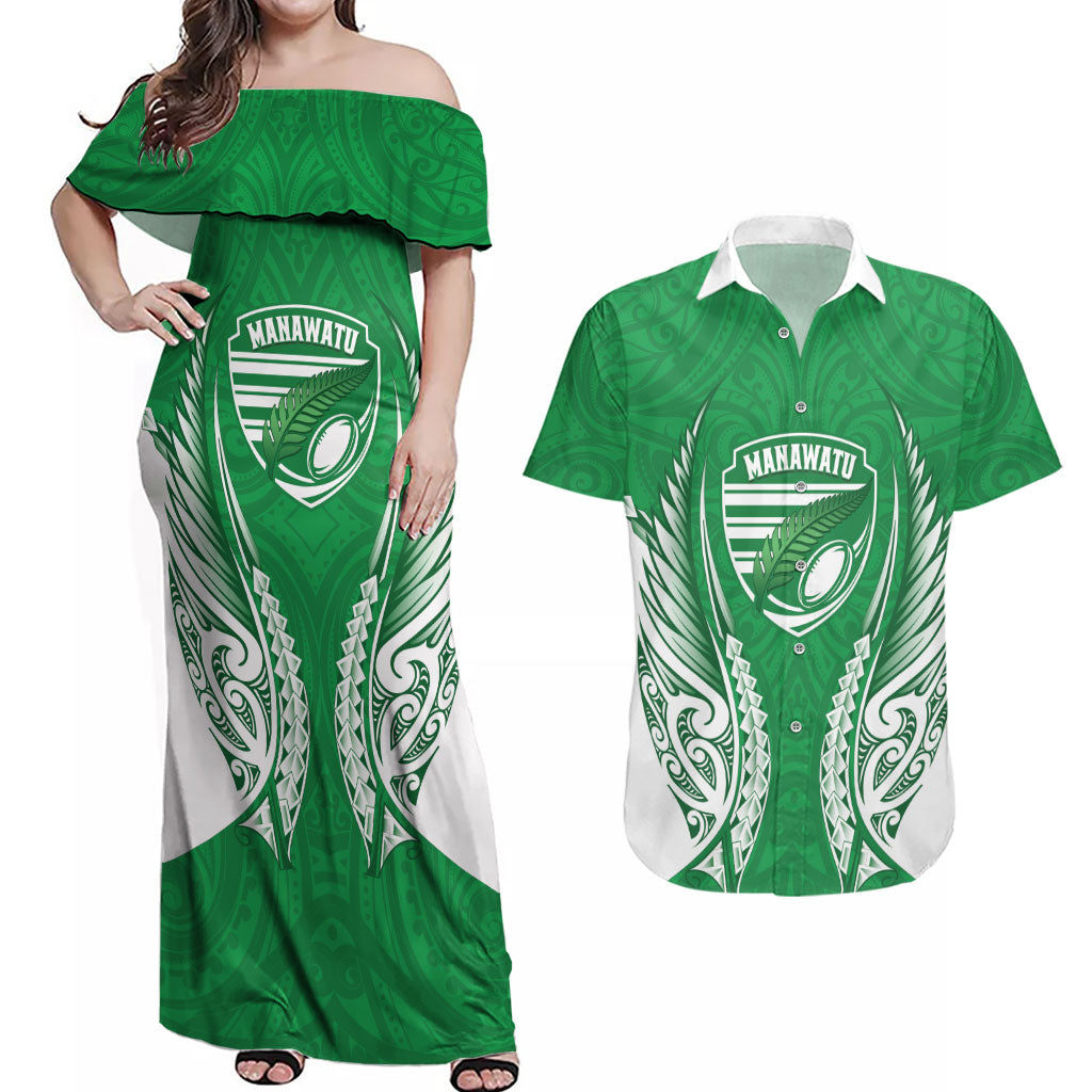 Manawatu 2026 Rugby Custom Couples Matching Off Shoulder Maxi Dress and Hawaiian Shirt NZ Maori Silver Fern