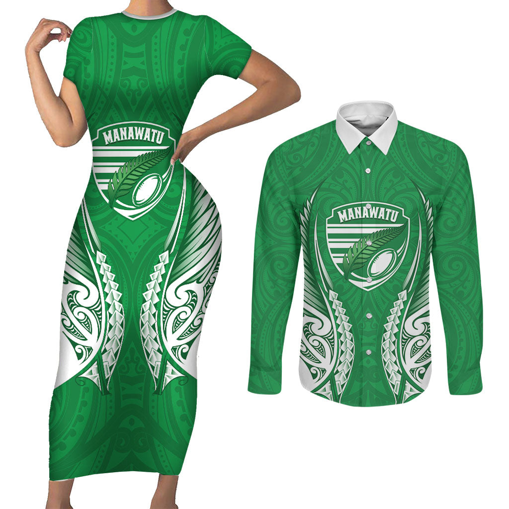 Manawatu 2026 Rugby Custom Couples Matching Short Sleeve Bodycon Dress and Long Sleeve Button Shirt NZ Maori Silver Fern