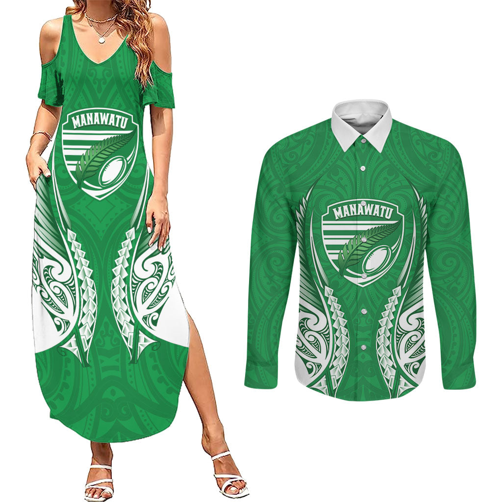 Manawatu 2026 Rugby Custom Couples Matching Summer Maxi Dress and Long Sleeve Button Shirt NZ Maori Silver Fern LT14 Green - Polynesian Pride