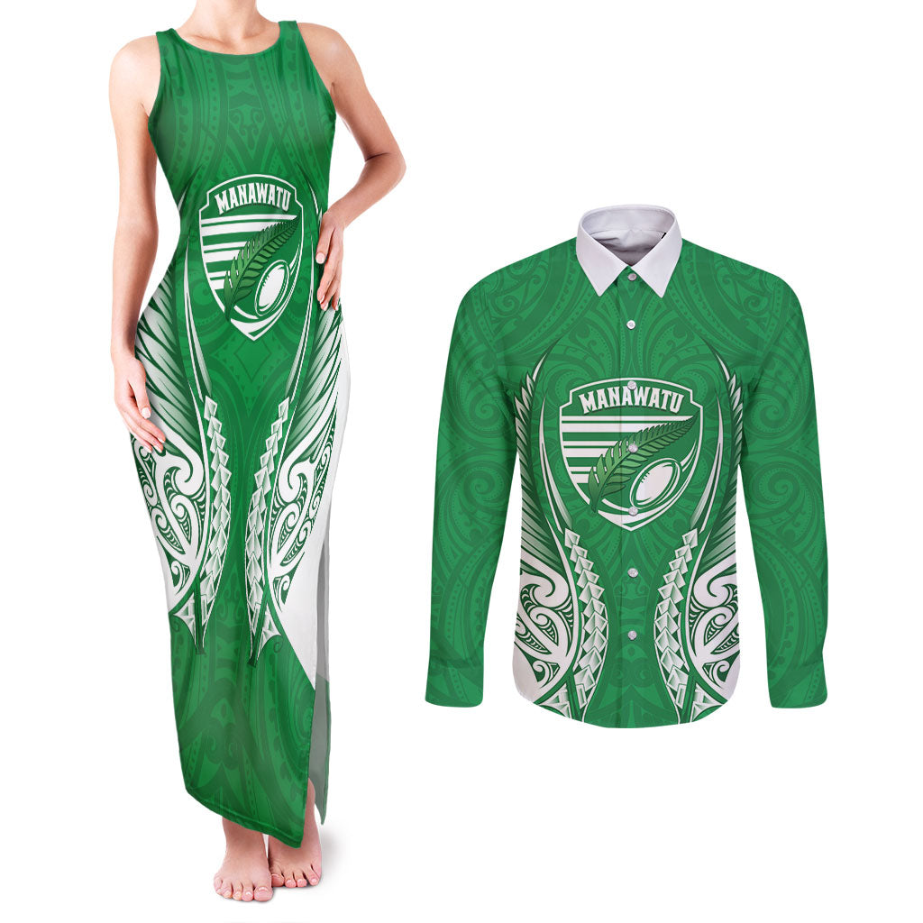 Manawatu 2026 Rugby Custom Couples Matching Tank Maxi Dress and Long Sleeve Button Shirt NZ Maori Silver Fern LT14 Green - Polynesian Pride
