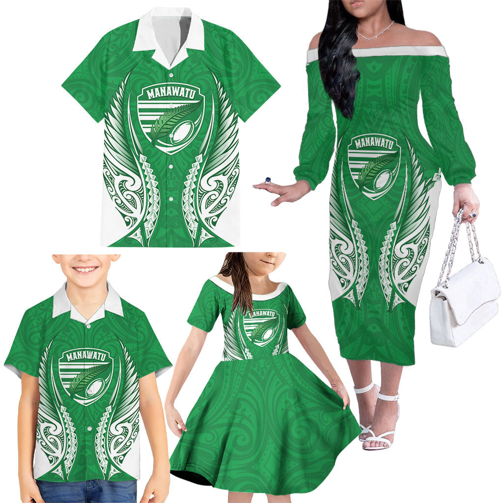 Manawatu 2026 Rugby Custom Family Matching Off The Shoulder Long Sleeve Dress and Hawaiian Shirt NZ Maori Silver Fern