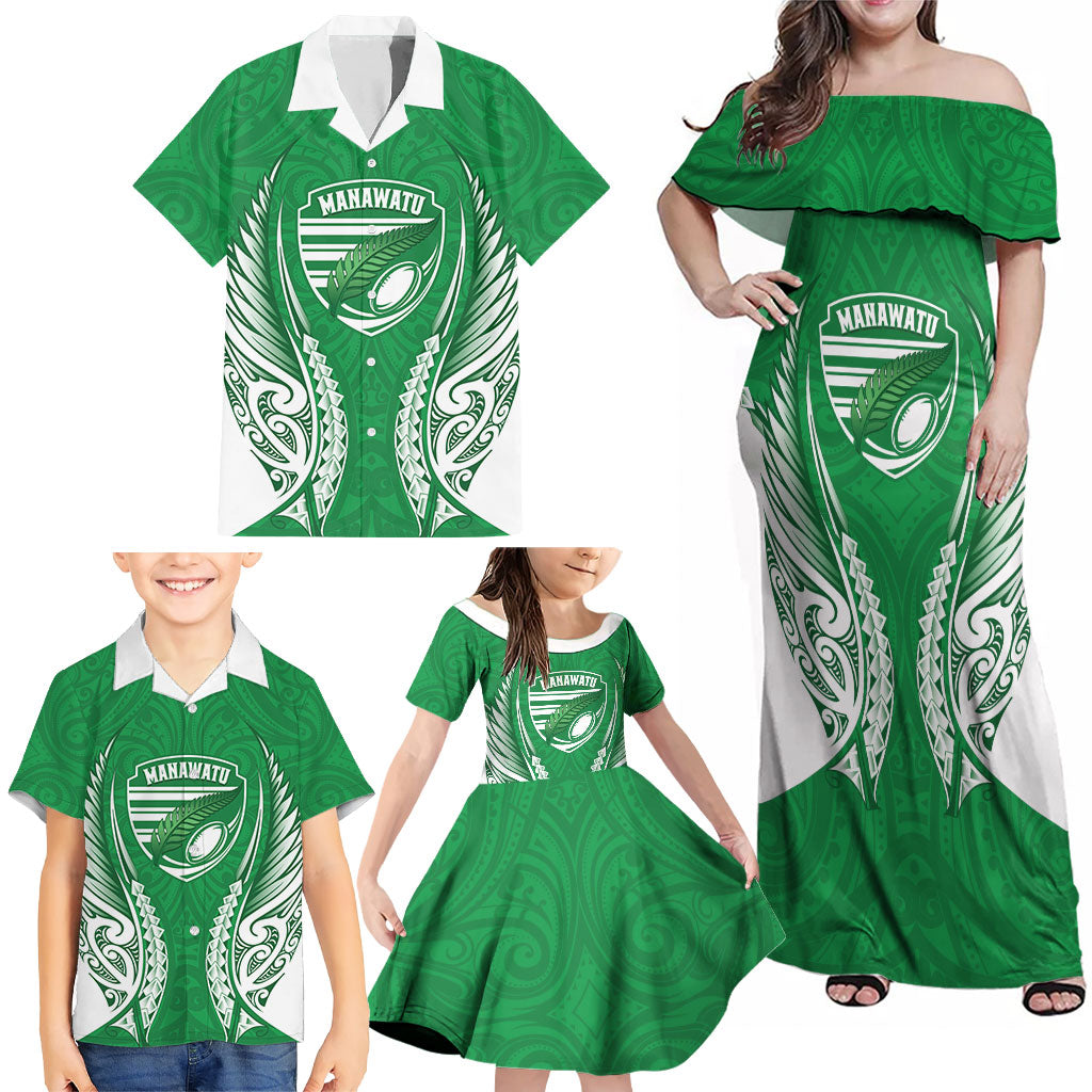 Manawatu 2026 Rugby Custom Family Matching Off Shoulder Maxi Dress and Hawaiian Shirt NZ Maori Silver Fern