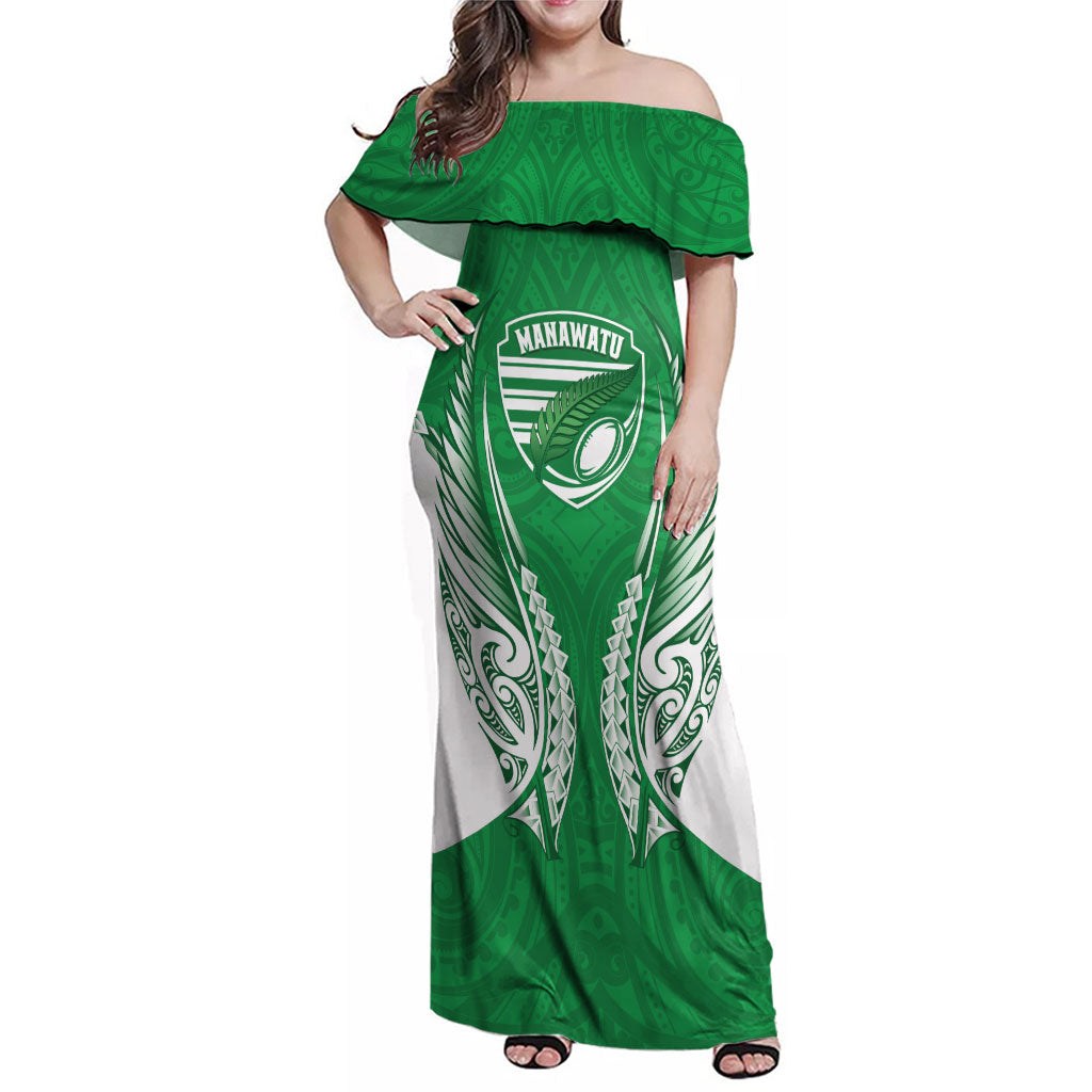Manawatu 2026 Rugby Custom Family Matching Off Shoulder Maxi Dress and Hawaiian Shirt NZ Maori Silver Fern