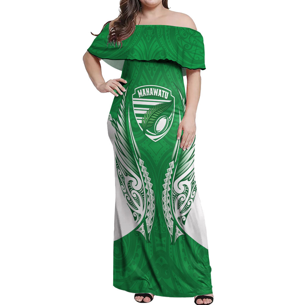 Manawatu 2026 Rugby Custom Off Shoulder Maxi Dress NZ Maori Silver Fern LT14 Women Green - Polynesian Pride