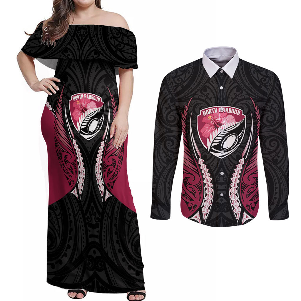 North Harbour 2026 Rugby Custom Couples Matching Off Shoulder Maxi Dress and Long Sleeve Button Shirt NZ Maori Silver Fern LT14 Maroon - Polynesian Pride