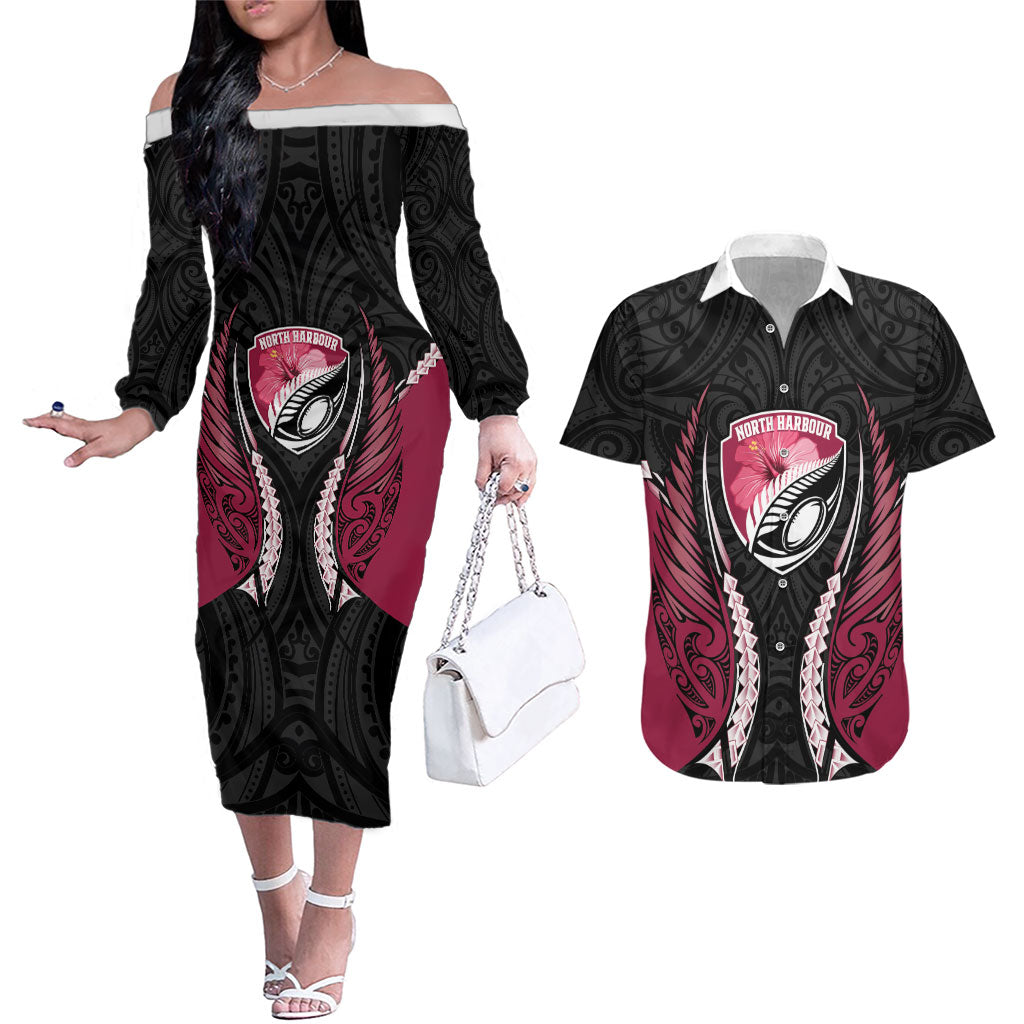 North Harbour 2026 Rugby Custom Couples Matching Off The Shoulder Long Sleeve Dress and Hawaiian Shirt NZ Maori Silver Fern LT14 Maroon - Polynesian Pride