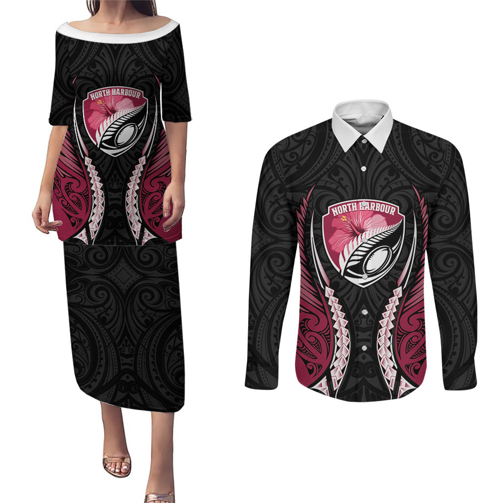 North Harbour 2026 Rugby Custom Couples Matching Puletasi and Long Sleeve Button Shirt NZ Maori Silver Fern LT14 Maroon - Polynesian Pride