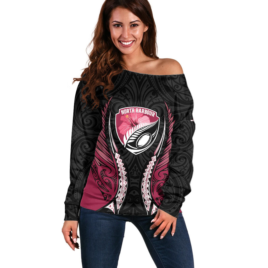 North Harbour 2026 Rugby Custom Off Shoulder Sweater NZ Maori Silver Fern LT14 Women Maroon - Polynesian Pride