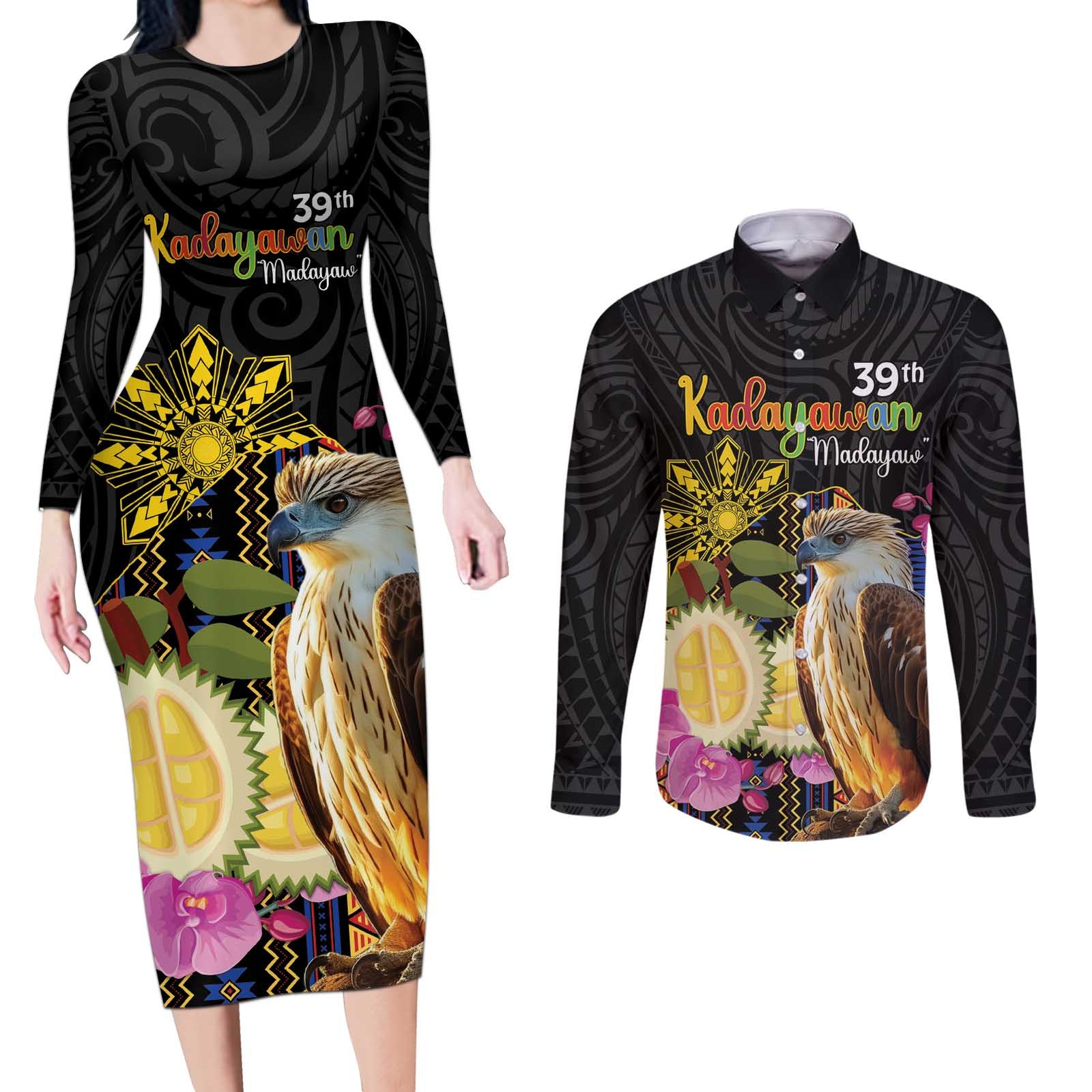 Kadayawan Philippines Couples Matching Long Sleeve Bodycon Dress and Long Sleeve Button Shirt Filipino Eagle Happy 39th Anniversary LT14 Black - Polynesian Pride
