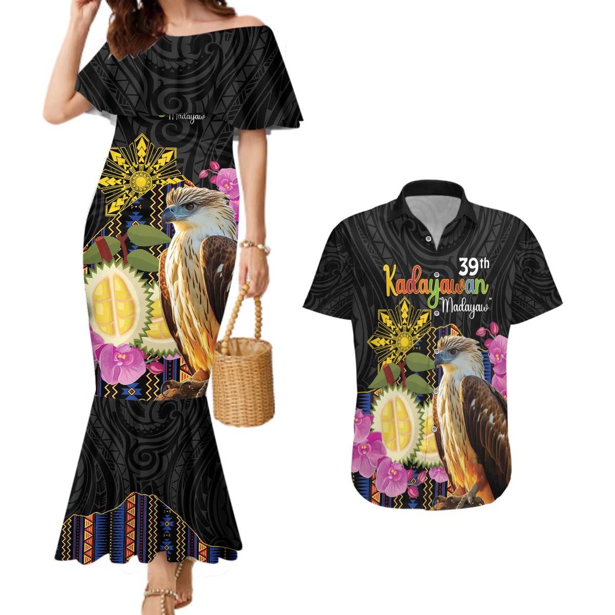 Kadayawan Philippines Couples Matching Mermaid Dress and Hawaiian Shirt Filipino Eagle Happy 39th Anniversary LT14 Black - Polynesian Pride