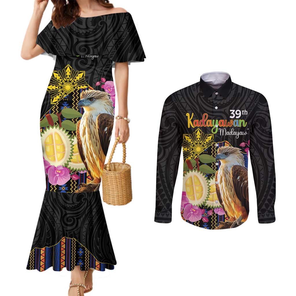 Kadayawan Philippines Couples Matching Mermaid Dress and Long Sleeve Button Shirt Filipino Eagle Happy 39th Anniversary LT14 Black - Polynesian Pride