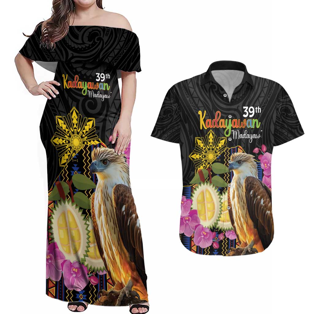 Kadayawan Philippines Couples Matching Off Shoulder Maxi Dress and Hawaiian Shirt Filipino Eagle Happy 39th Anniversary LT14 Black - Polynesian Pride