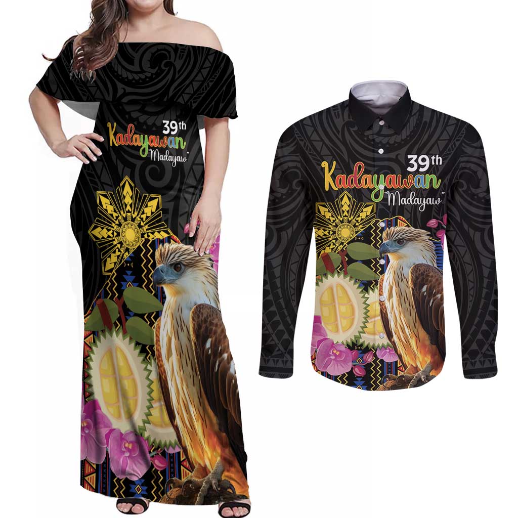 Kadayawan Philippines Couples Matching Off Shoulder Maxi Dress and Long Sleeve Button Shirt Filipino Eagle Happy 39th Anniversary LT14 Black - Polynesian Pride