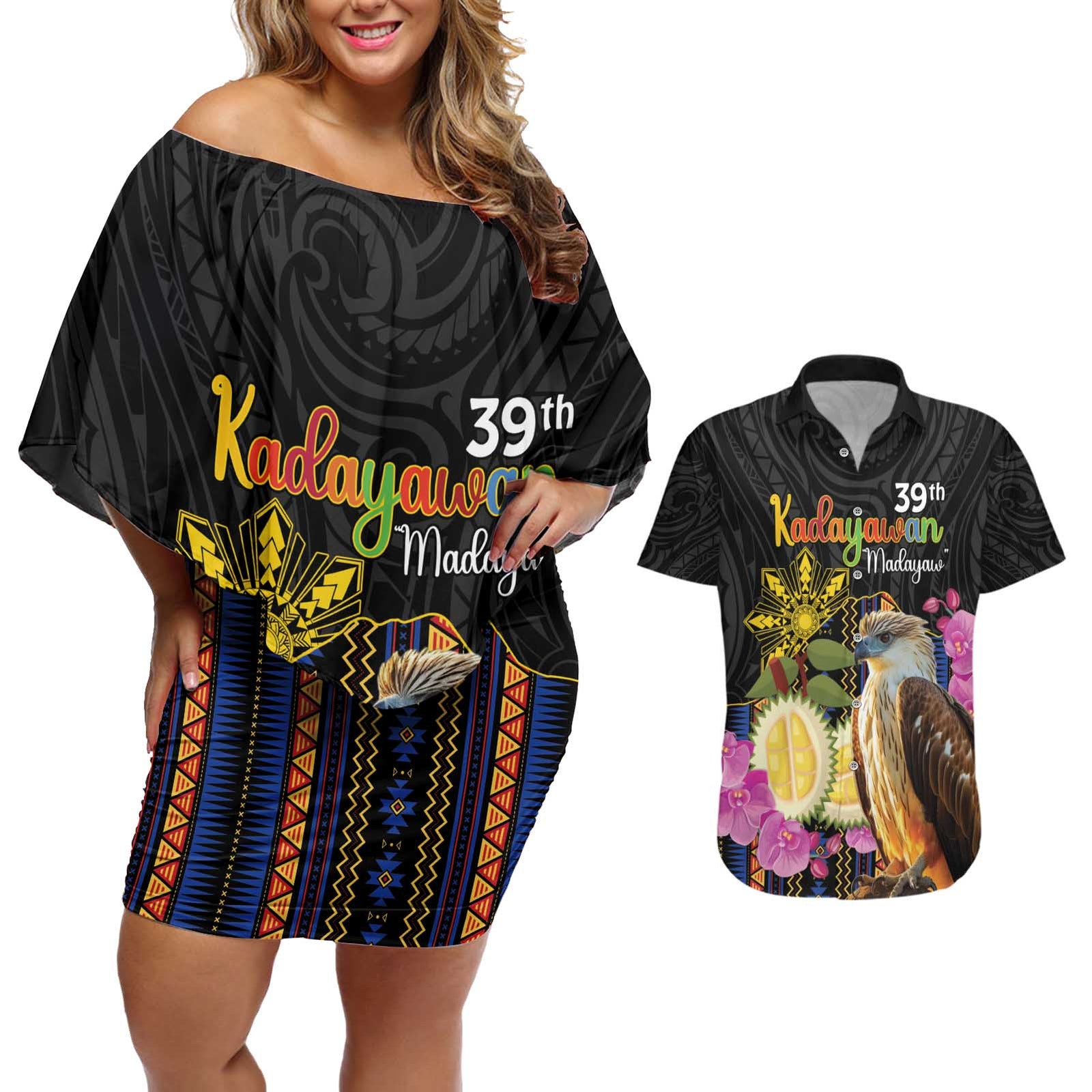Kadayawan Philippines Couples Matching Off Shoulder Short Dress and Hawaiian Shirt Filipino Eagle Happy 39th Anniversary LT14 Black - Polynesian Pride
