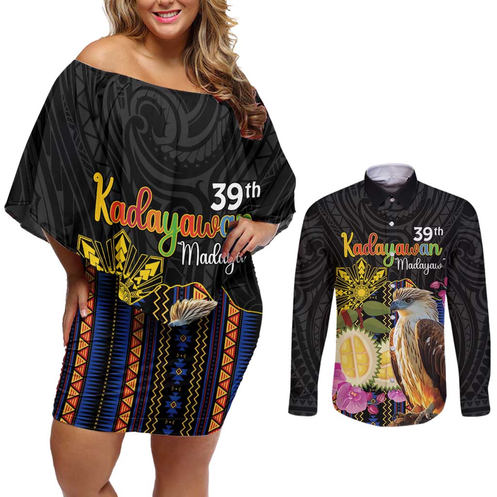 Kadayawan Philippines Couples Matching Off Shoulder Short Dress and Long Sleeve Button Shirt Filipino Eagle Happy 39th Anniversary LT14 Black - Polynesian Pride