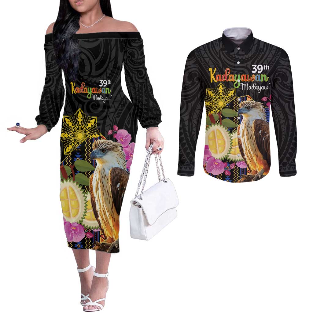 Kadayawan Philippines Couples Matching Off The Shoulder Long Sleeve Dress and Long Sleeve Button Shirt Filipino Eagle Happy 39th Anniversary LT14 Black - Polynesian Pride