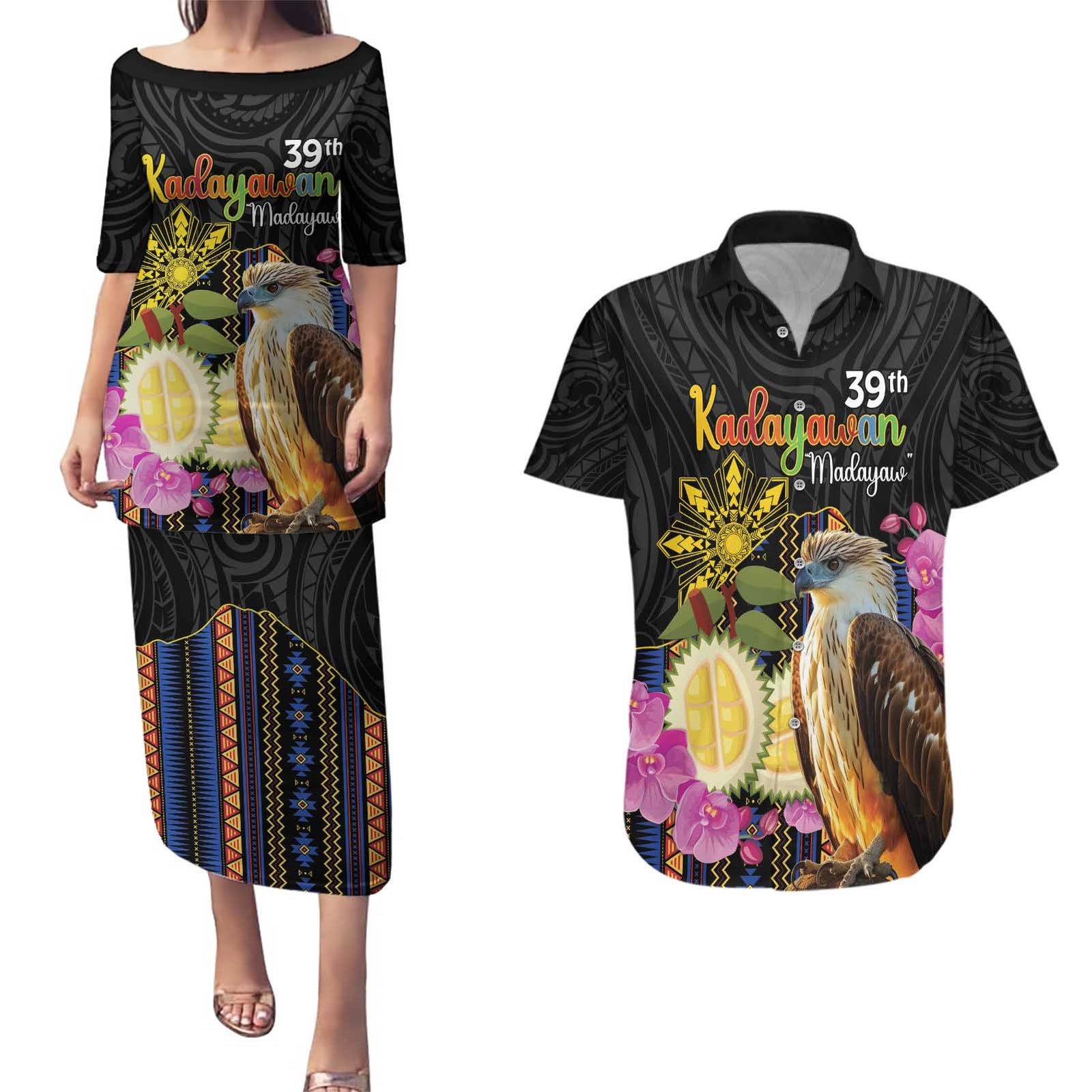Kadayawan Philippines Couples Matching Puletasi and Hawaiian Shirt Filipino Eagle Happy 39th Anniversary LT14 Black - Polynesian Pride