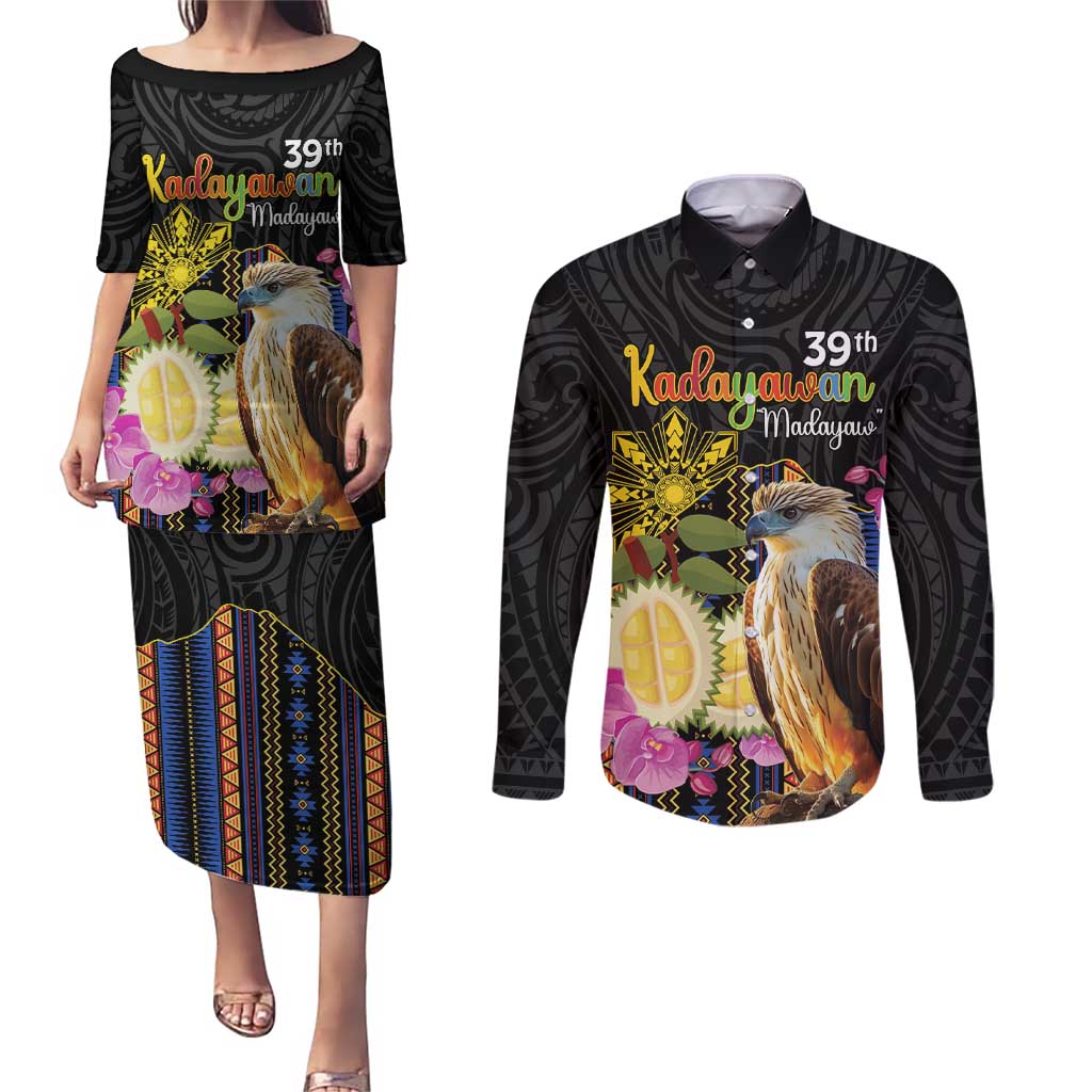 Kadayawan Philippines Couples Matching Puletasi and Long Sleeve Button Shirt Filipino Eagle Happy 39th Anniversary LT14 Black - Polynesian Pride