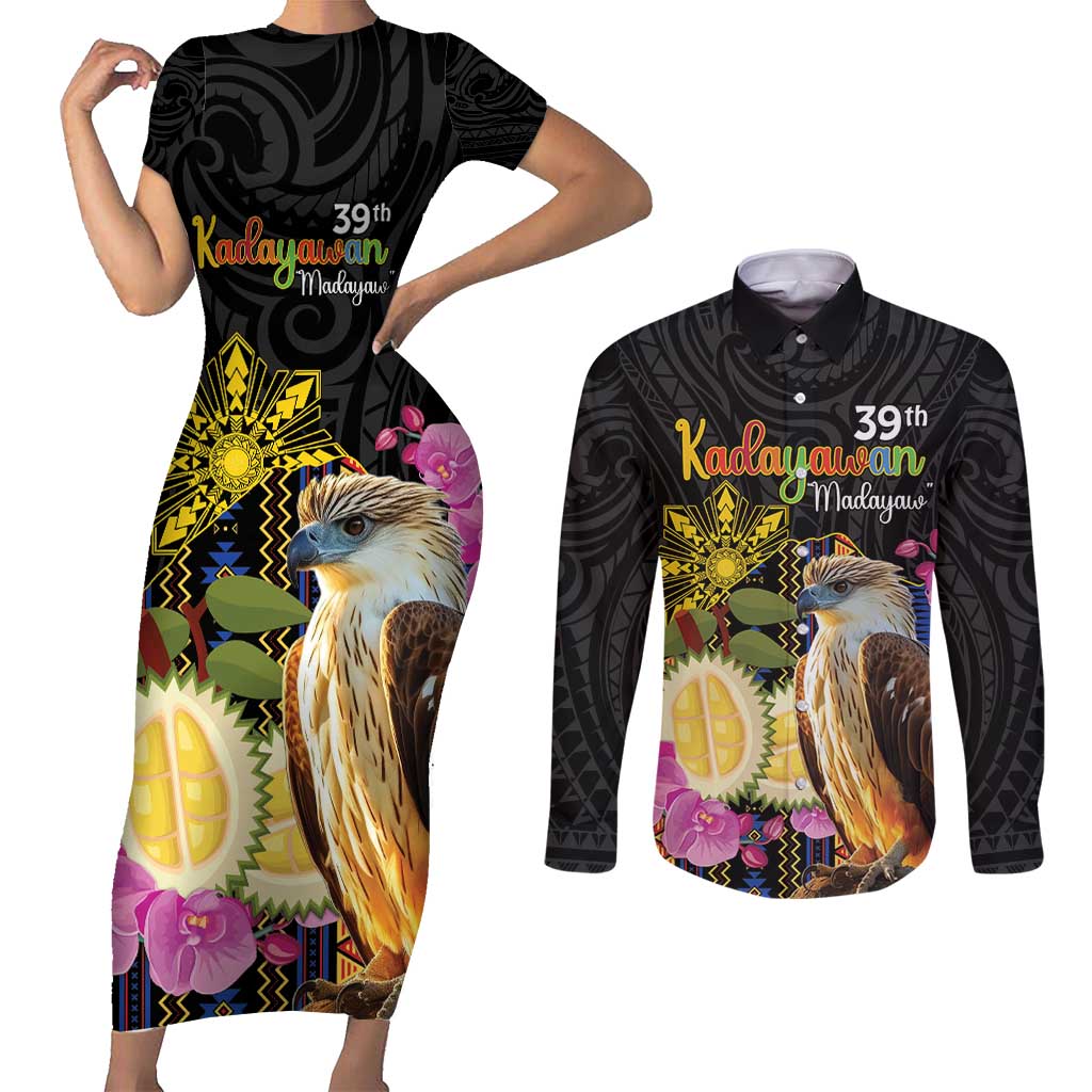 Kadayawan Philippines Couples Matching Short Sleeve Bodycon Dress and Long Sleeve Button Shirt Filipino Eagle Happy 39th Anniversary LT14 Black - Polynesian Pride